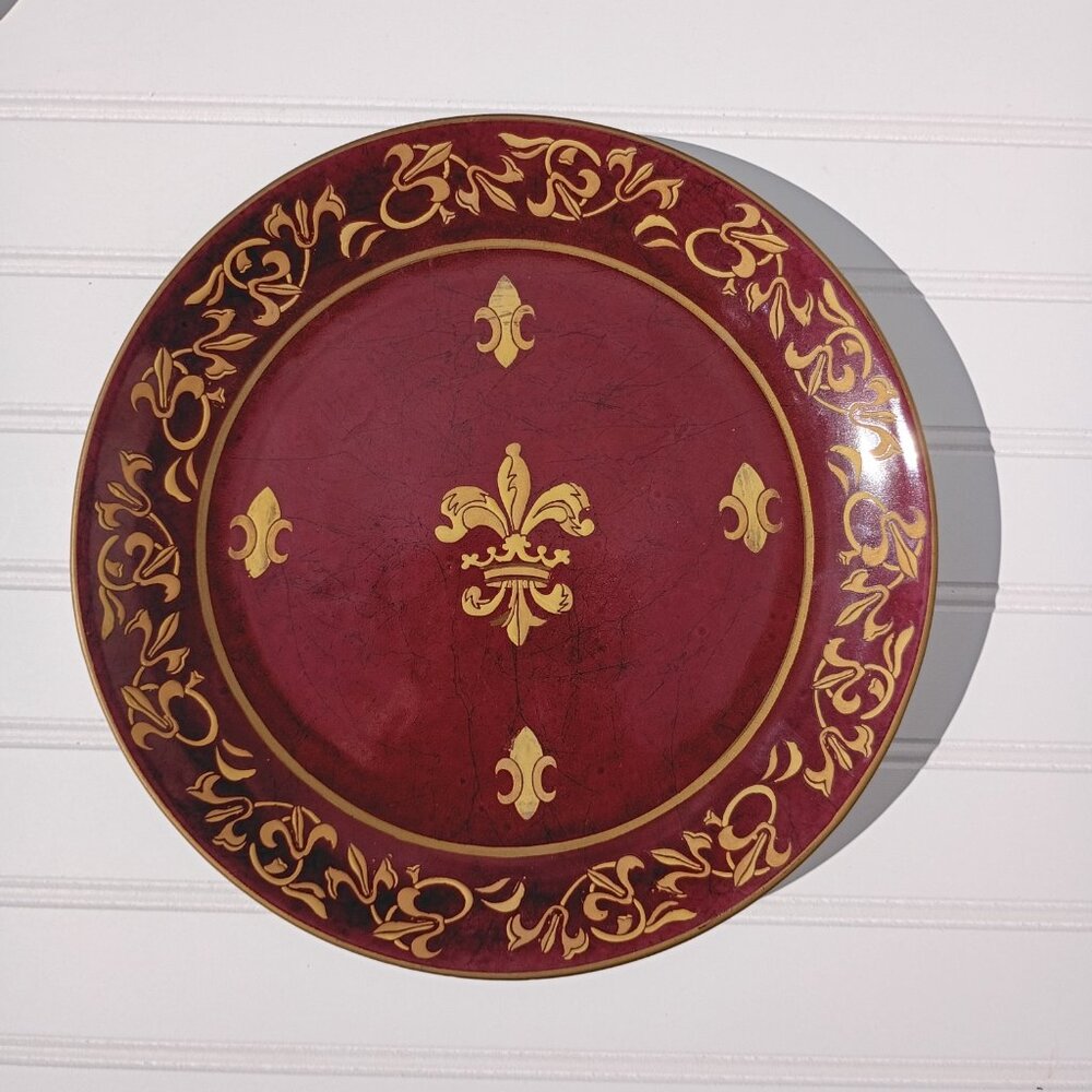 Pair of Andrea by Sadek Decorative Plates Fleur-de-Lis Maroon Green Gold Regal - Picture 9 of 16